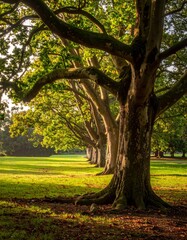 Fototapeta premium Row of Large Sycamore Trees in Sunlight