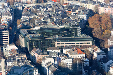 Aerial view from viewing platform of Main Tower platform with skyline and cityscape on a sunny autumn day. Photo taken November 22nd, 2025, Frankfurt am Main, Germany.