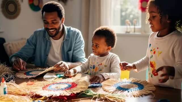 African American man, boy, and girl crafting Kwanzaa decorations like a traditional mkeka mat with colorful straw. Family activity at home.