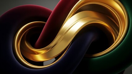 Abstract rendering of intertwined golden and colored ribbons on a dark background
