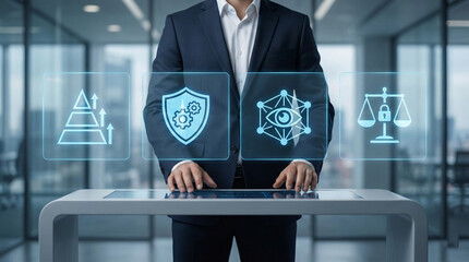 Businessman interacting with futuristic digital interface in modern office