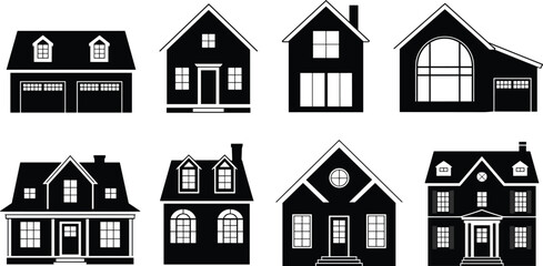 Fototapeta premium Black house icons set featuring residential home silhouettes architecture symbols isolated flat vector illustration real estate design collection