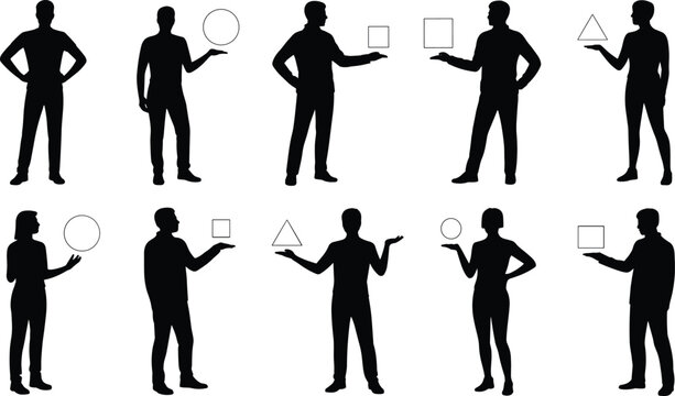 Black human silhouette figures holding geometric shapes, abstract presentation poses, minimal people icons for business concepts, balance, choice, and comparison design