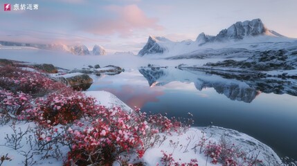 Majestic winter mountain landscape with pink frosty flowers and reflections in a still lake