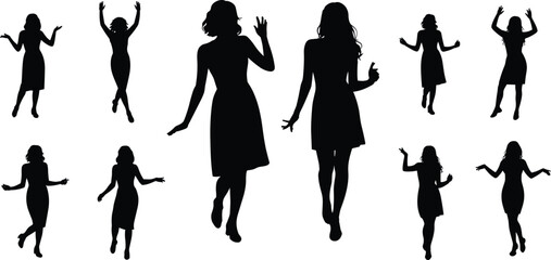 Obraz premium Multiple female silhouettes dancing and gesturing, expressive body language poses, fashion movement concept, energetic women collection, black white illustration, set