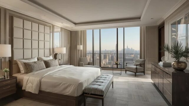 Luxury bedroom king bed skyline city view neutral decor sunrise soft natural light calm atmosphere
