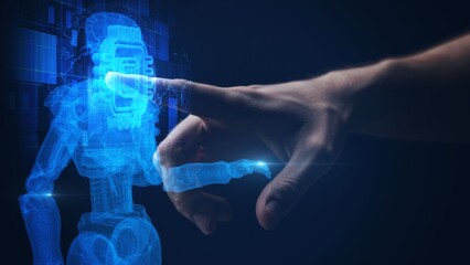 Human Finger Interacting with AI Robot Hologram Interface