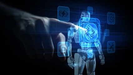 Human Finger Interacting with AI Robot Hologram Interface