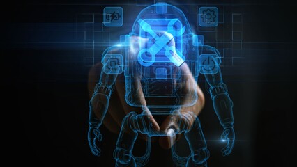 Human Finger Interacting with AI Robot Hologram Interface