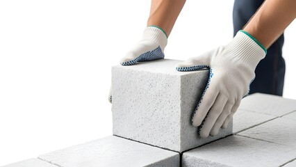 Worker in gloves placing concrete block for construction project