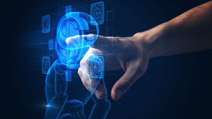 Human Finger Interacting with AI Robot Hologram Interface