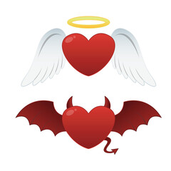 Angel and Devil Hearts with Wings Vector Illustration