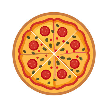 Pepperoni pizza with cheese and olives in flatlay view  
