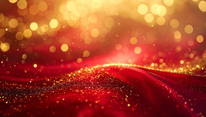 Rich, shimmering golden bokeh lights cascade over elegant, flowing red fabric, creating a luxurious and festive abstract background