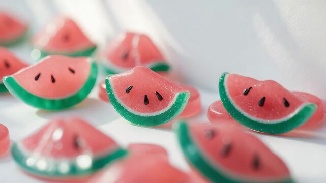 Colorful watermelon shaped candies on a white background with bright light shining on them