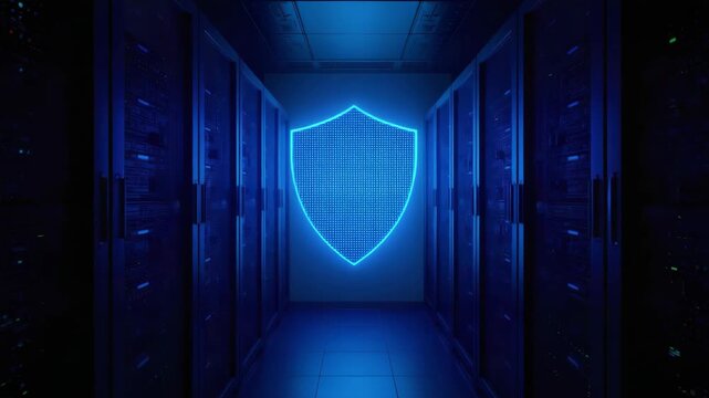 Neon blue shield glowing data center aisle and dark server rack corridor conveying cybersecurity