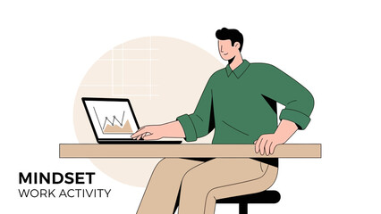 Motivational illustration of a man analyzing work activity and mindset concepts on a digital
