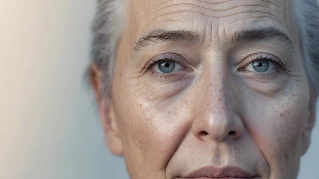 Portrait of a woman with gray hair and blue eyes showing expression and character during daylight