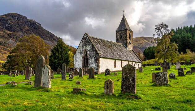 Stone Church and Graveyard in Scottish Highlands