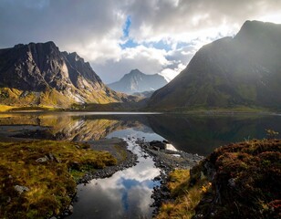 Serene Lake Reflects Majestic Mountains Under Cloudy Sky