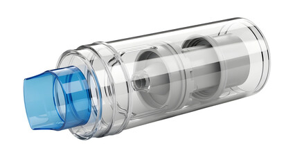 Medical Inhaler Spacer Device Product Shot with Blue Mouthpiece Isolated on White