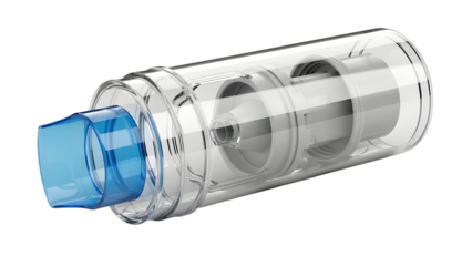 Medical Inhaler Spacer Device Product Shot with Blue Mouthpiece Isolated on White