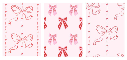 Set of retro whimsical seamless pattern backgrounds with bows and hearts. Coquette ribbon textures for Valentine, weddings, gift wrap, stationery, feminine surface design. Vector illustration.