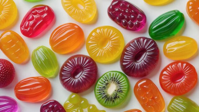 Bright colorful gummy candies arranged on a white surface in various shapes and sizes