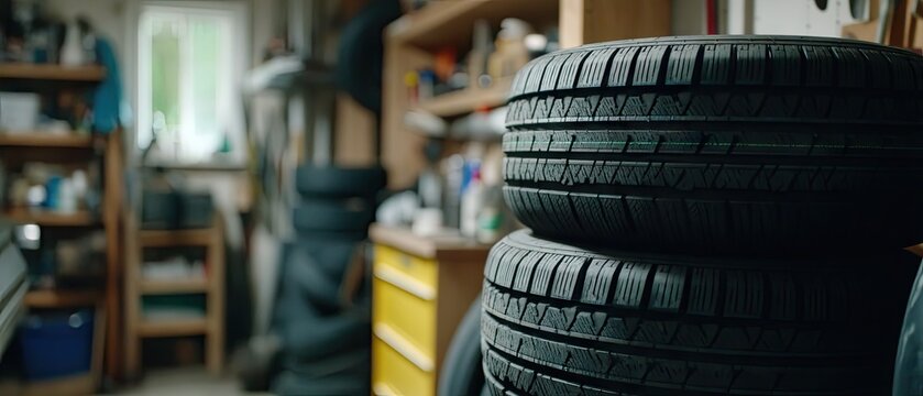 Stack of tires in a garage showing dark tones and blurred background taken with a canon eos r5 camera in high resolution
