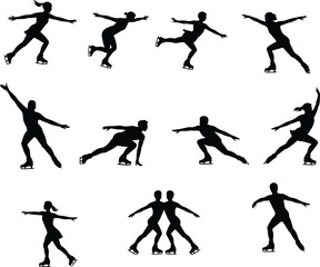 Obraz premium Figure skating silhouettes set showing dynamic ice skating poses, jumps, spins, and pair movements for winter sports, performance, and athletic design