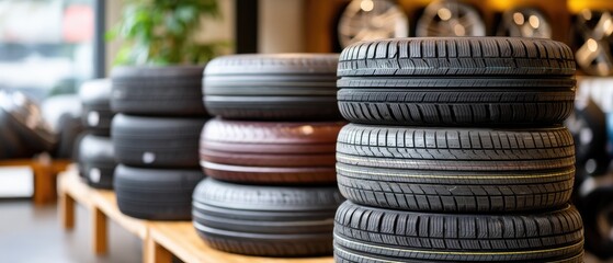 Car tires stacked in garage close to pool area for sale, showcasing storage and display in a dark room with ample space