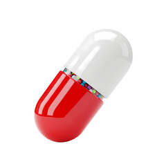 Colorful medical capsule with small pills inside on black background