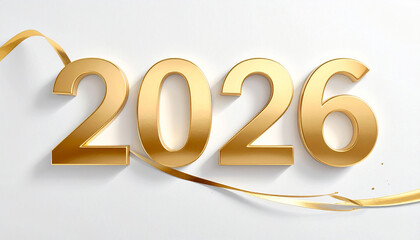 Golden Numbers 2026 with Ribbon on White Background
