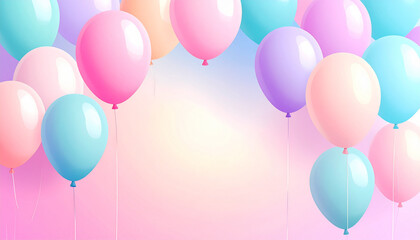 Pastel colored balloons floating against a soft pink and yellow gradient background, symbolizing celebration and joy