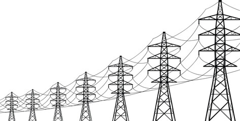 High voltage power transmission towers with electric lines forming perspective pattern, industrial energy infrastructure illustration in clean black vector style © LatifunNahar