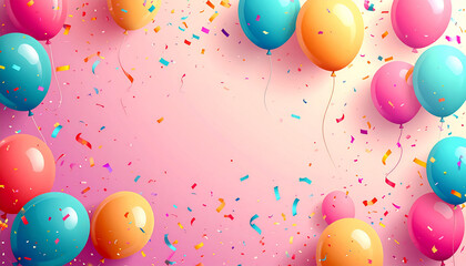 Vibrant pink celebration background adorned with a cheerful assortment of colorful balloons and scattered confetti, perfect for birthdays, parties, and joyous special events