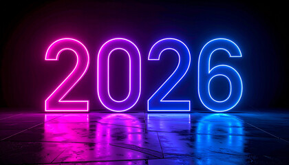 Dynamic 2026 displayed in striking blue and pink neon glow, reflecting on a dark surface, symbolizing innovation and upcoming technological advancements