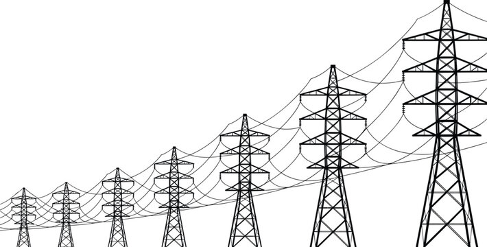 High voltage power transmission towers with electric lines forming perspective pattern, industrial energy infrastructure illustration in clean black vector style