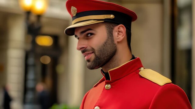 Elegant hotel bellboy stands proudly at the entrance in a vibrant uniform during a sunny day, Elegant hotel bellboy man
