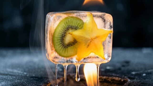 A clear ice cube containing kiwi and carambola fruit slices melting over a hot orange and yellow flame