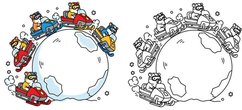 Adorable cartoon hamsters circling a massive snowball on snowmobiles