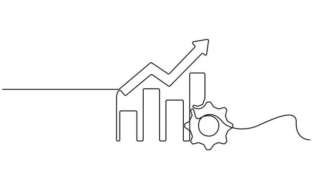 Self drawing line animation Productivity bar chart with gear continuous one single line drawn, Graph going up with an arrow continuous one single line drawn concept 4k animation video.