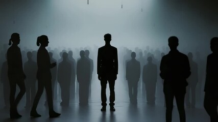 Group of people standing in dim light with one person in the center looking around in a mysterious environment