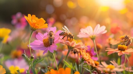Vibrant summer field of wildflowers with bees pollinating blossoms under warm sunlight