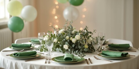 Elegant table setting with greenery and balloons