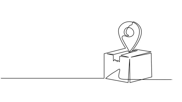 Animation video Cardboard box continuous one line drawing Shipping Box with Location Pin on Top, Package with location continuous one line drawing minimalism design, Delivery box with location pin.