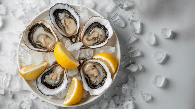 Fresh oyster on shell and plate. chilled seafood platter with ice, lemon zest and briny freshness