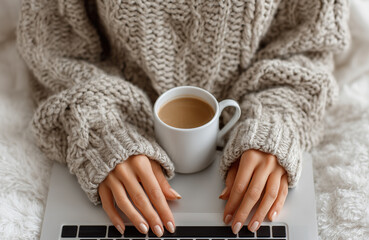 Hands type on laptop while holding coffee cup in cozy setting during fall season