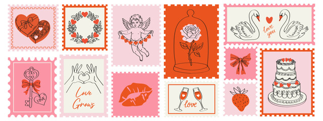 Valentine&rsquo;s Day hand drawn postage stamps in cute doodle sketch style. Romantic postal elements for wedding invitations, postcards, posters and scrapbook designs. Love themed vector illustrations 