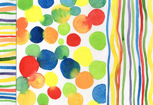 Colorful abstract watercolor painting with dots and stripes pattern